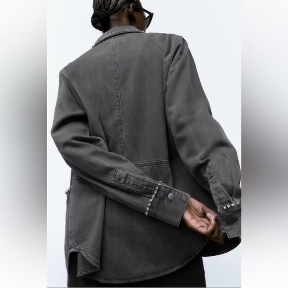 Women Zara Rhinestone Denim Overshirt Size XS - Picture 6 of 11